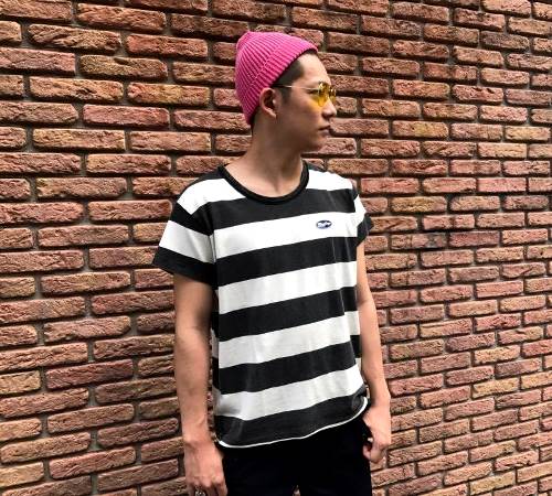 M エム Tシャツ / washed print border big silhouette t-shirts used white×black